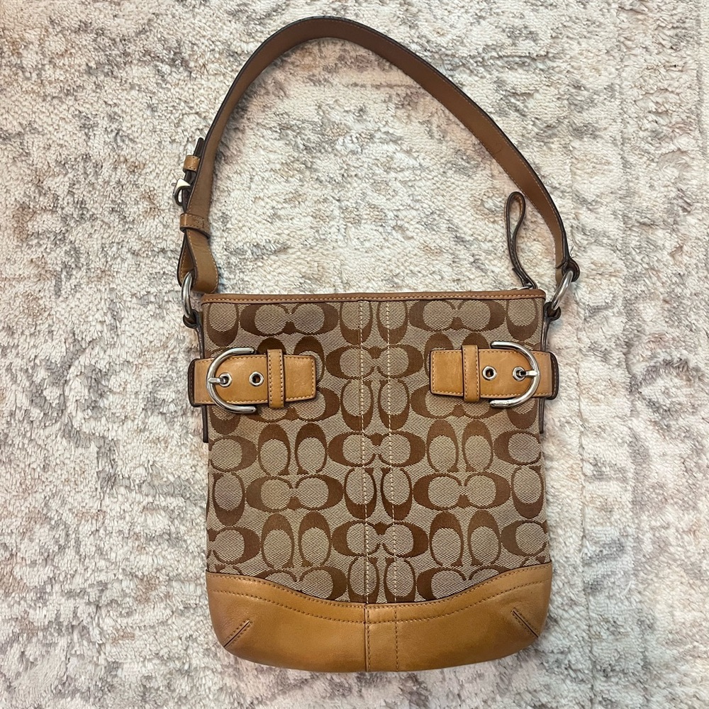 Vintage Coach Signature Jacquard Brown Leather Shoulder Bag